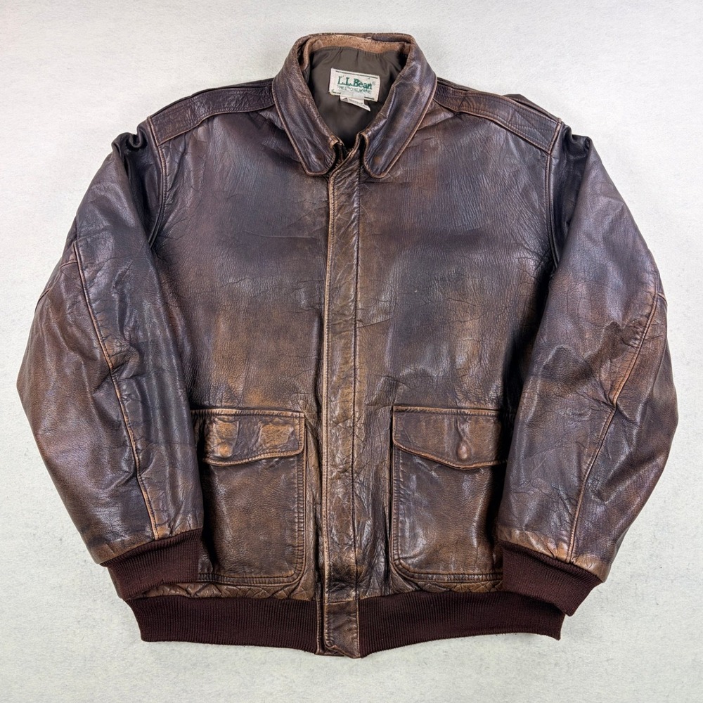 LL Bean Vintage Mens XL Tall Brown Leather Thinsulate Flight Bomber Jacket USA